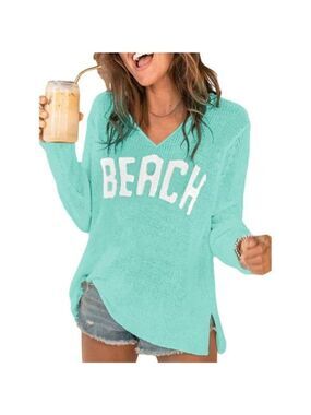 Light Blue Letter V Neck Beach Sweaters Long Sleeve Split Crochet Tops Knit